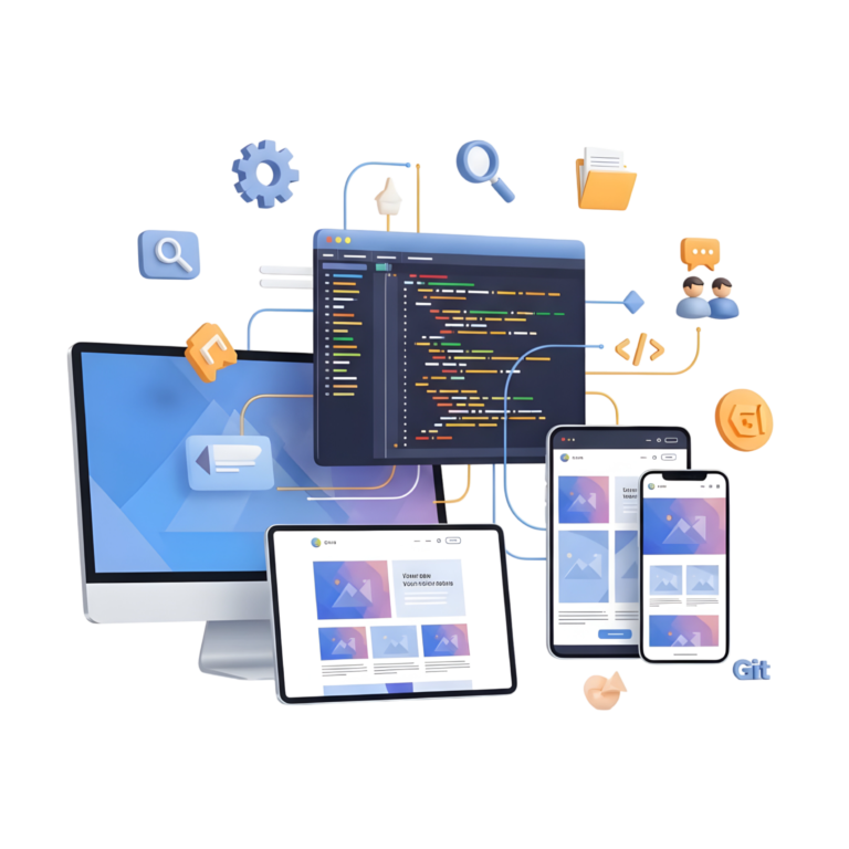 3D illustration showing Java programming code on multiple devices including desktop, tablet, and mobile, with development icons like Git, settings, folders, and UI screens.