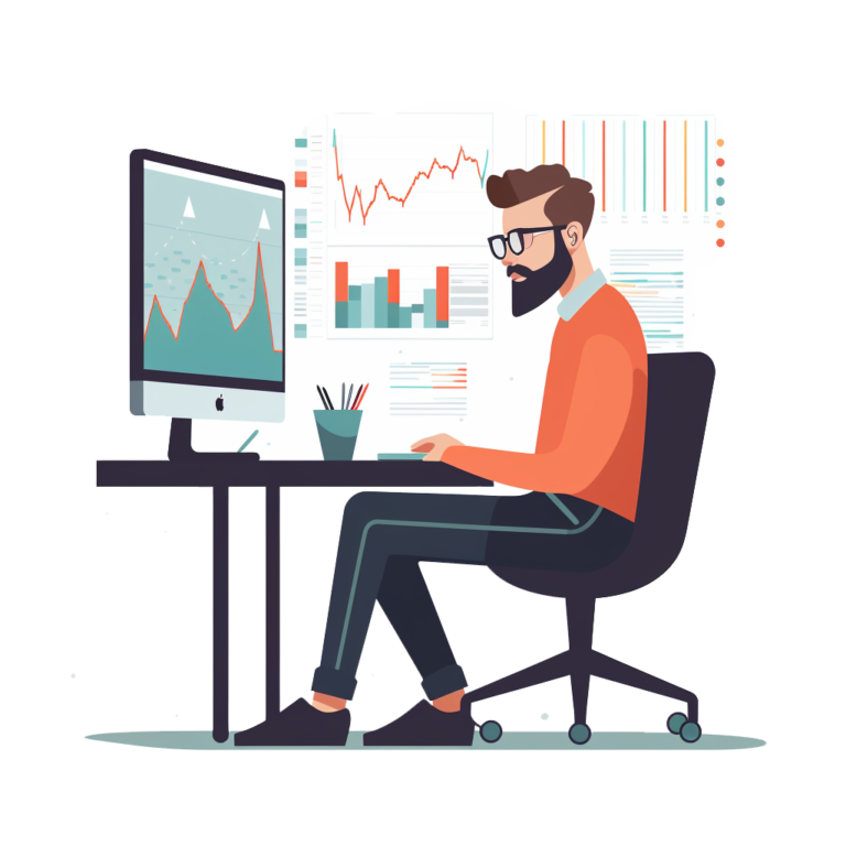 Illustration of a data analyst sitting at a desk analyzing charts and graphs on a computer monitor, surrounded by data visualizations and reports.