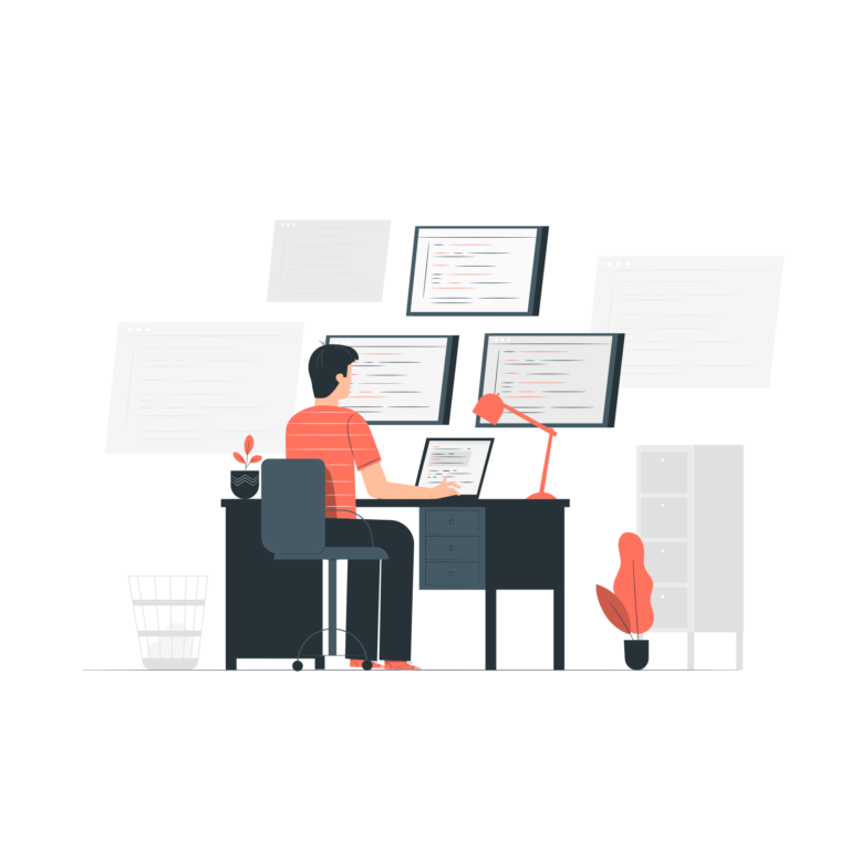 Illustration of a software developer sitting at a desk working on a laptop and multiple monitors displaying code and programming windows.