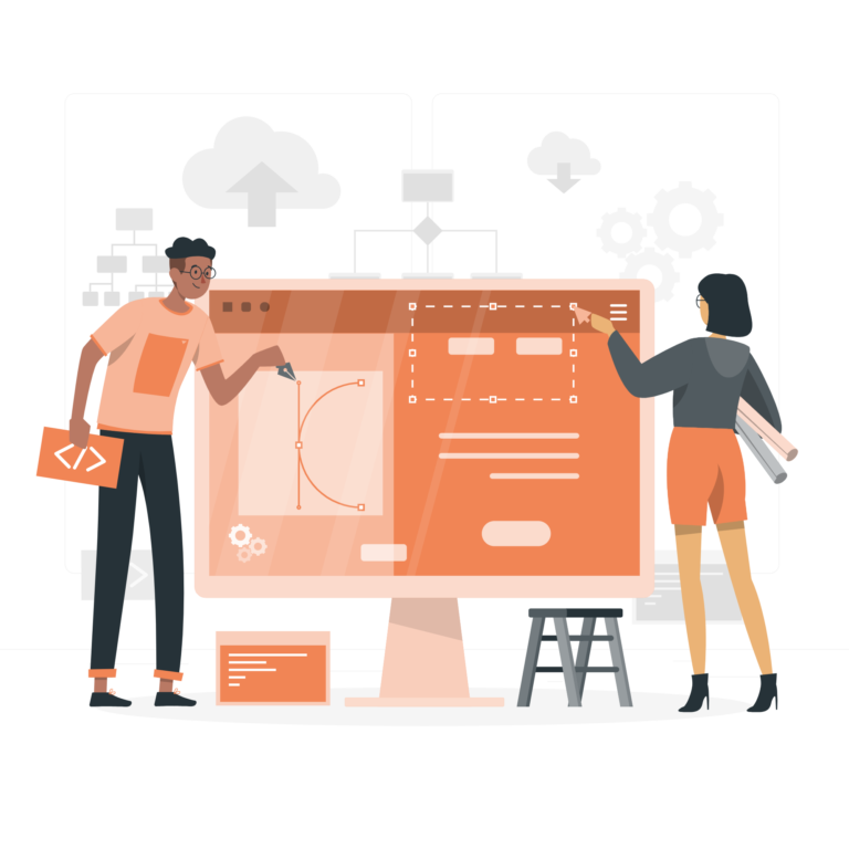 Illustration of two UI/UX designers working on a large computer screen, editing interface elements, layout blocks, and design components with cloud and workflow icons in the background.