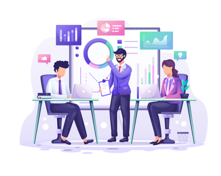 Business analyst training illustration showing team collaboration, data visualization, and requirement discussion