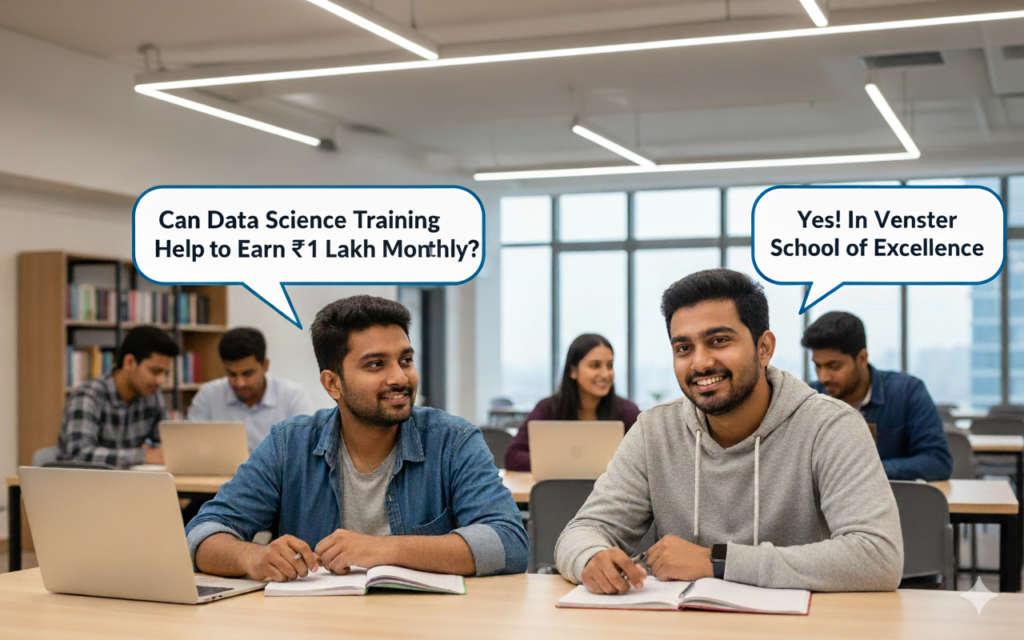 Professional data scientist reviewing a financial dashboard showing salary growth and high-paying career paths data science training in Coimbatore.