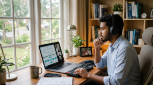 A college student in Coimbatore participating in a live session of a Business Analyst Course With Placement on their laptop.