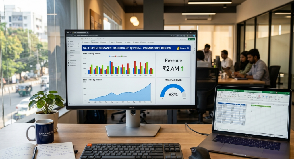 A professional sales dashboard Sales Dashboard in Power BI displaying real-time data charts and Excel integration for data analytics training.