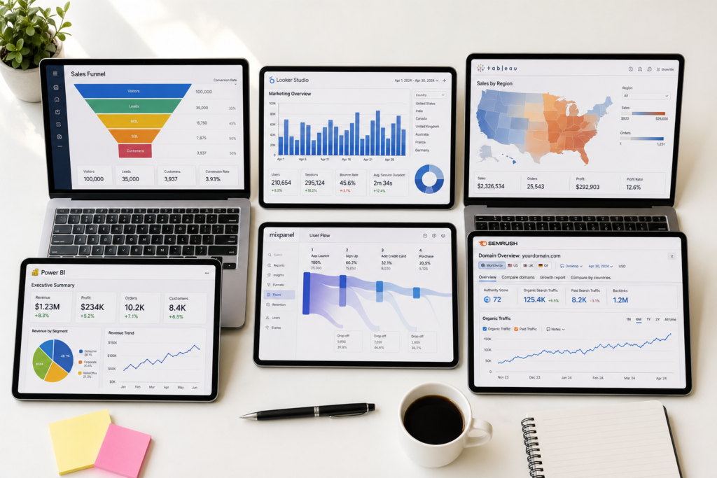 Multiple screens displaying Business Analytics dashboards including Power BI and Tableau at Venster School of Excellence.