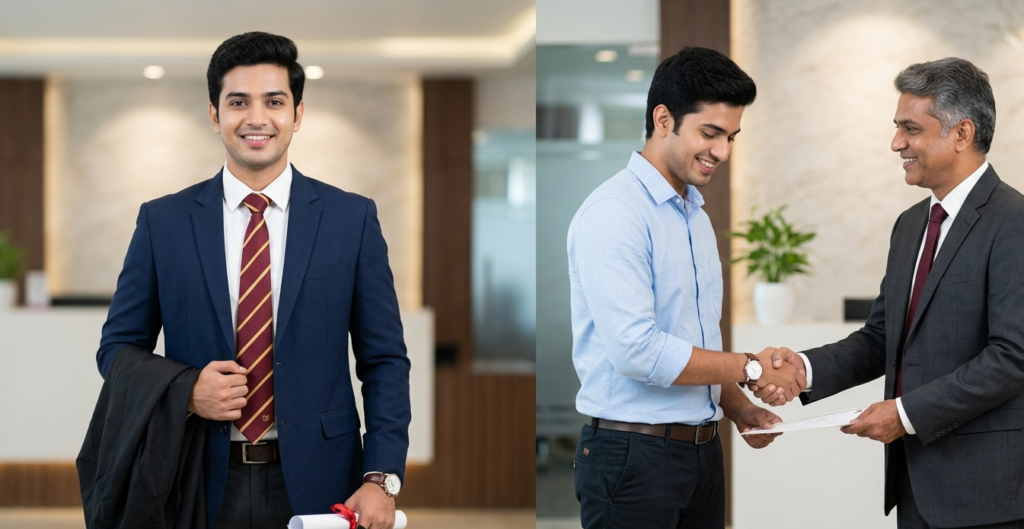 A graduate from Venster School of Excellence in Coimbatore receiving a job offer after completing business analytics training.