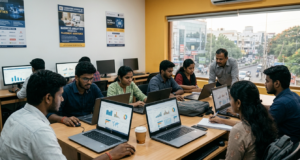 Students completing a Business Analytics Course with Placement at a Coimbatore training institute, reviewing dashboards on laptops