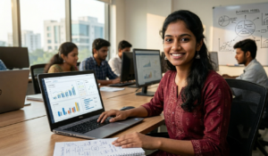 A professional and student attending a Data Analytics Training in Coimbatore at Venster School with data dashboards displayed on a large screen