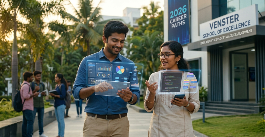 Two students at Venster School of Excellence in Coimbatore exploring data analytics and software development career paths using interactive digital displays.