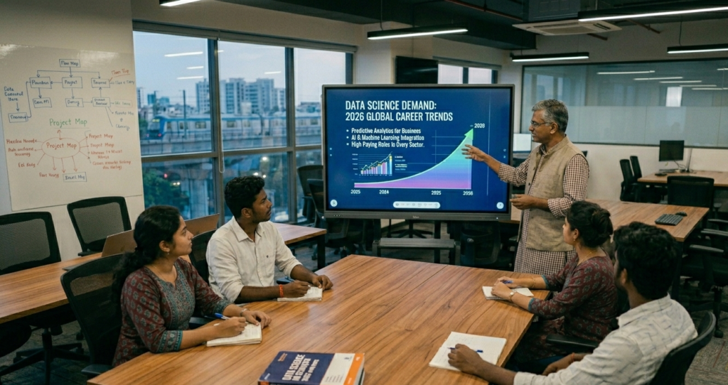 Students attending a data science course in Coimbatore at a modern training institute with laptops and charts on projector screens