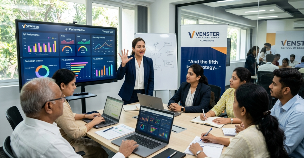 A female instructor at Venster School of Excellence in Coimbatore explaining Q3 performance metrics and data visualization strategies to a group of professionals.