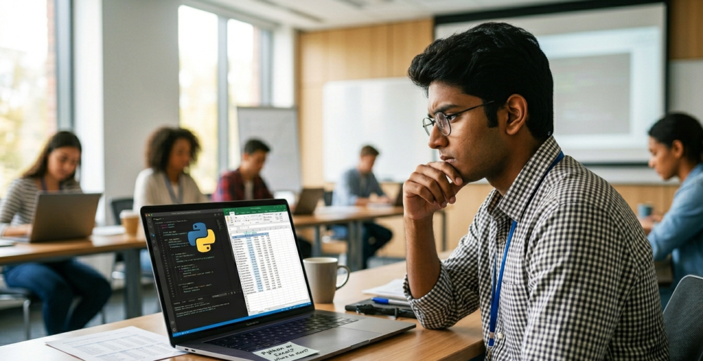 A student at Venster School of Excellence analyzing data using Python and Excel during a professional data science training session in Coimbatore.