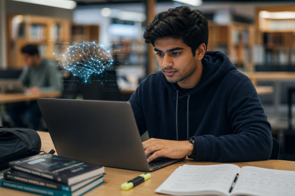 Student studying a data analytics course in Coimbatore at Venster School of Excellence with AI brain visualization.