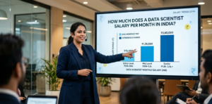 A female data science expert presenting a line graph on a monitor showing the data scientist salary in india per month .based on years of experience, from 1 to 10+ years.