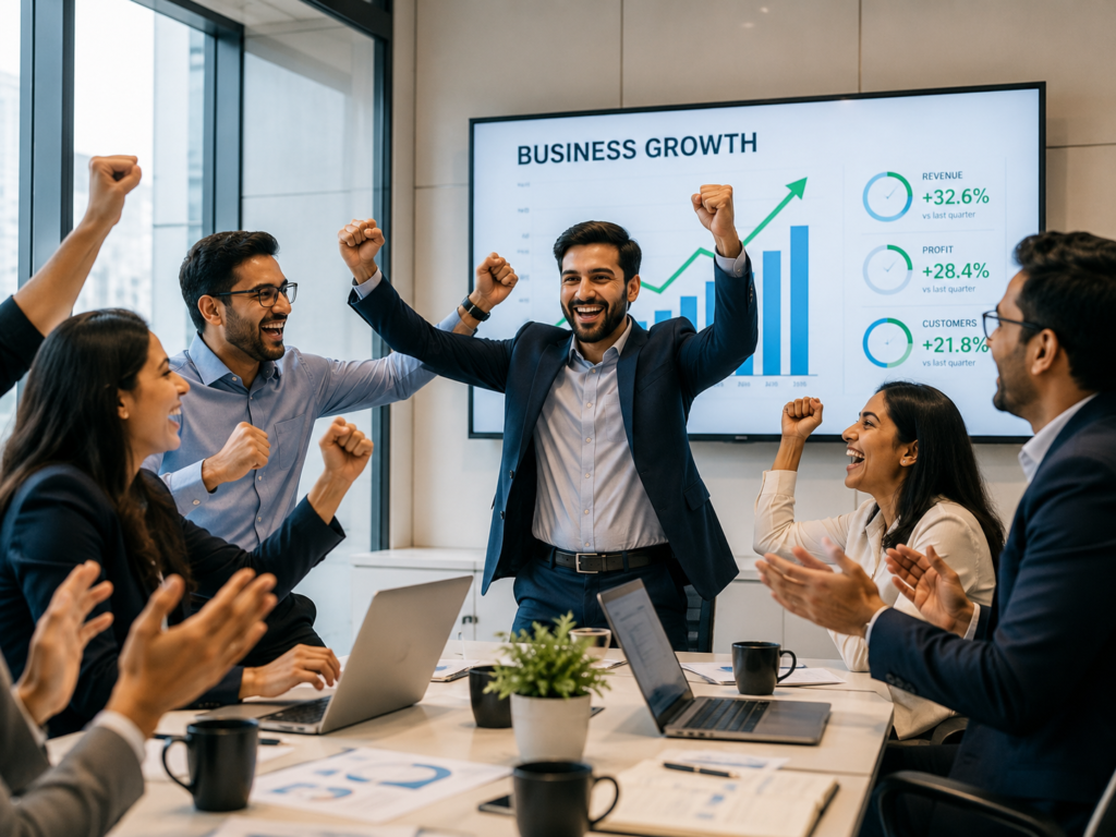 Business Analytics team celebrating strong revenue growth and performance results in a modern office meeting room at Venster School of Excellence.
