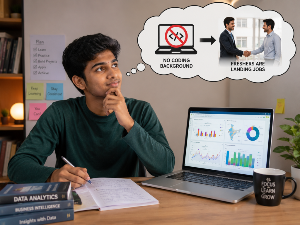 South Indian beginner learning data analytics on a laptop with dashboard charts, imagining career success in data analytics at Venster School of Excellence