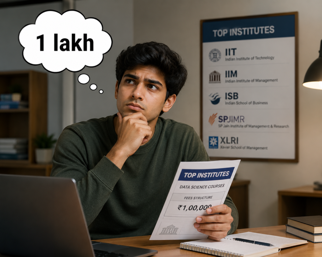 Student thinking about paying ₹1 lakh for expensive courses while exploring affordable Data Analytics Training at Venster School of Excellence.