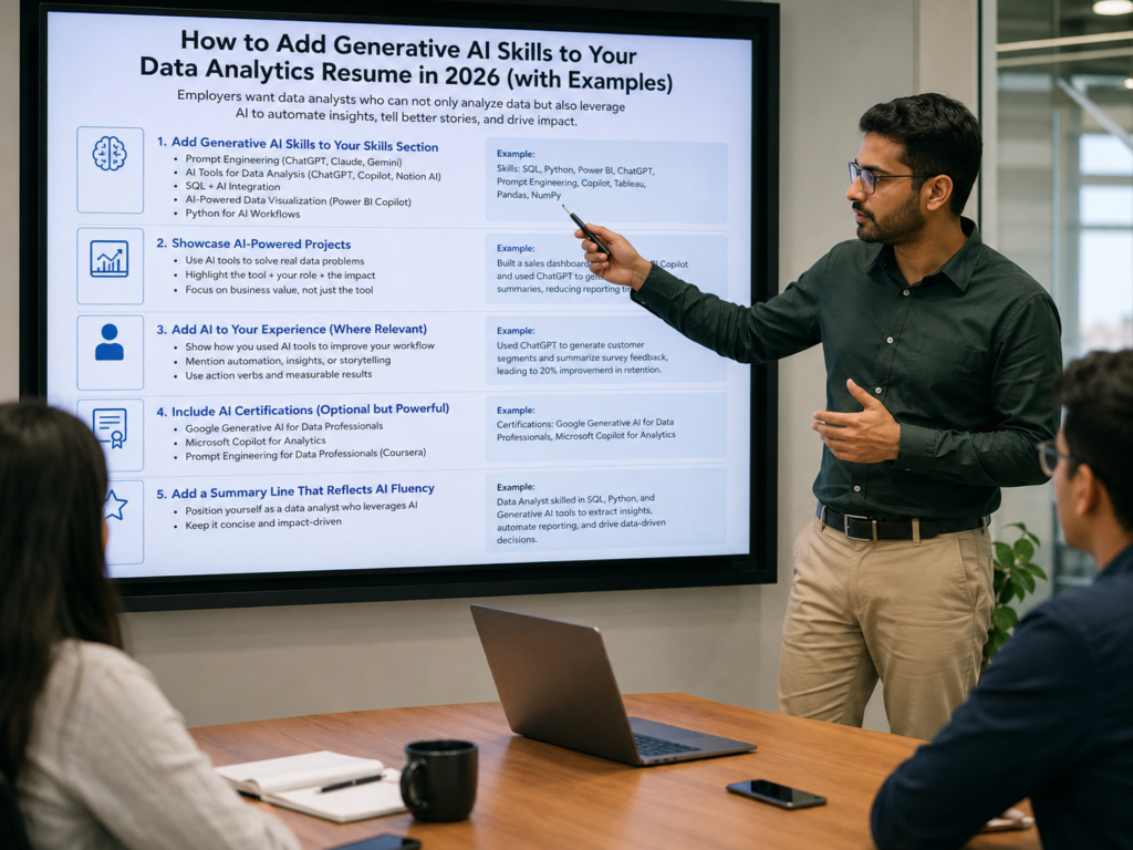 Mentor presenting examples of generative AI skills to add to a Data Analytics Resume on a large screen in a modern training room at Venster School of Excellence