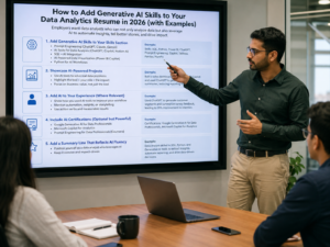 Mentor presenting examples of generative AI skills to add to a Data Analytics Resume on a large screen in a modern training room at Venster School of Excellence