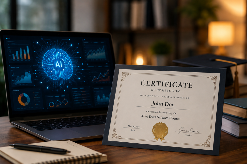 AI and Data Science Course Certificate displayed on a professional workspace with AI analytics dashboard, representing career-focused training from Venster School of Excellence.
