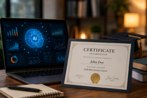 AI and Data Science Course Certificate displayed on a professional workspace with AI analytics dashboard, representing career-focused training from Venster School of Excellence.