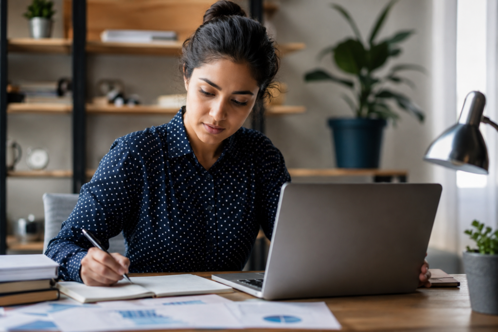 Professional learner balancing work responsibilities and studying through a data analytics course in Coimbatore at Venster School of Excellence using a laptop and analytics reports.