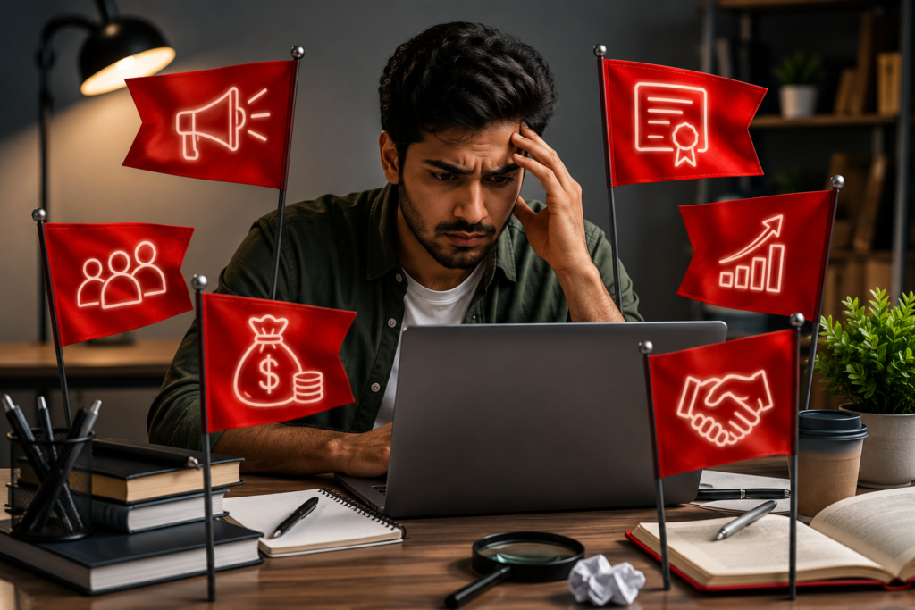 A student carefully evaluating warning signs before enrolling in a Data science course with placement, highlighting the importance of choosing a trusted institute like Venster School of Excellence.