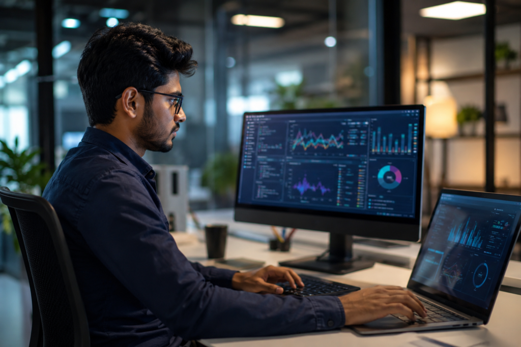 Professional learner applying skills from a data science course while analyzing business data dashboards at Venster School of Excellence