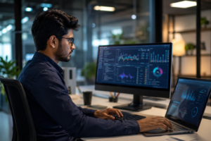 Professional learner applying skills from a data science course while analyzing business data dashboards at Venster School of Excellence