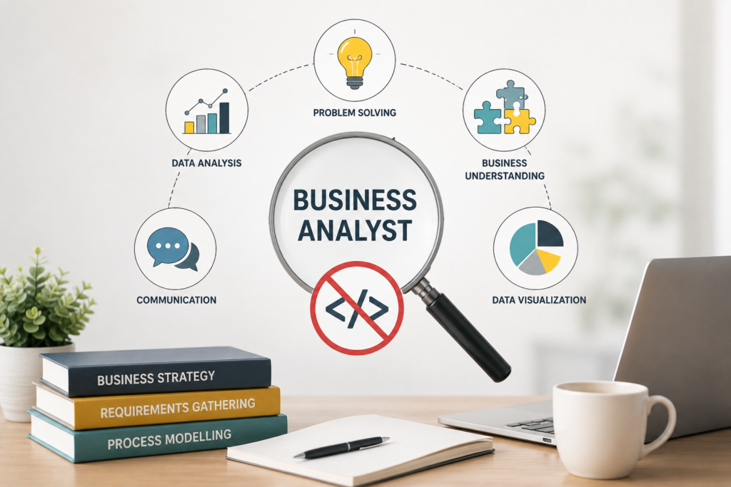 Business analyst course concept showing business analysis skills with a no coding symbol, illustrating that coding is not mandatory for aspiring business analysts at Venster School of Excellence.