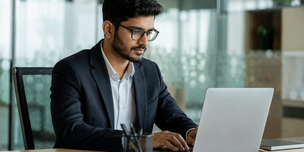 Business analyst course in Coimbatore student analyzing business data and dashboards in a modern corporate office at Venster School of Excellence