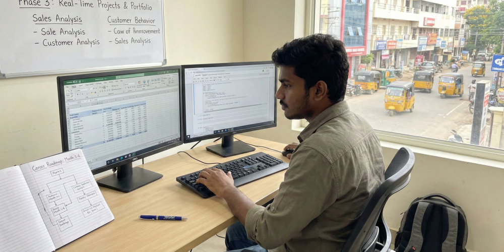 A student looking at a 6-month career roadmap for a data analyst course in Coimbatore.