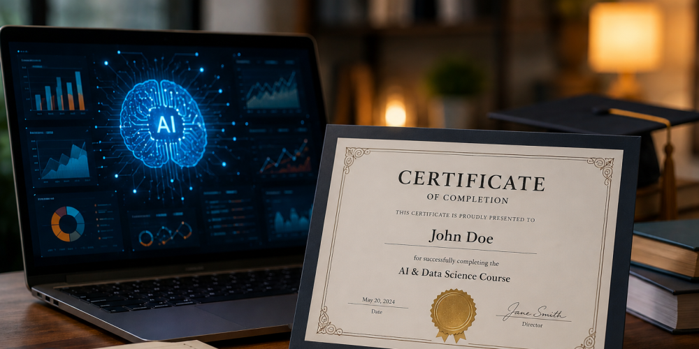 AI and Data Science Course Certificate displayed on a professional workspace with AI analytics dashboard, representing career-focused training from Venster School of Excellence.