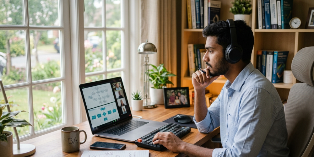 A college student in Coimbatore participating in a live session of a Business Analyst Course With Placement on their laptop.