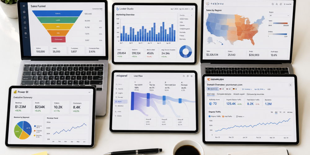 Multiple screens displaying Business Analytics dashboards including Power BI and Tableau at Venster School of Excellence.