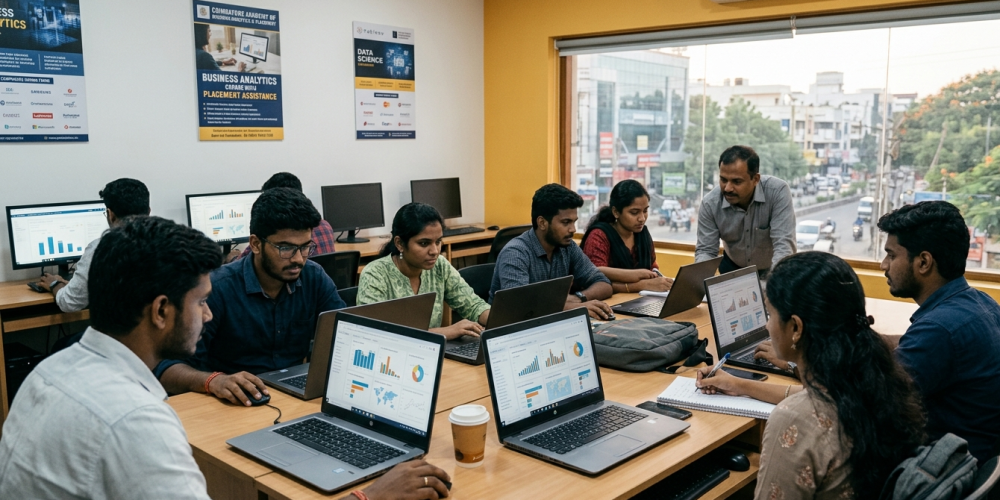 Students completing a Business Analytics Course with Placement at a Coimbatore training institute, reviewing dashboards on laptops