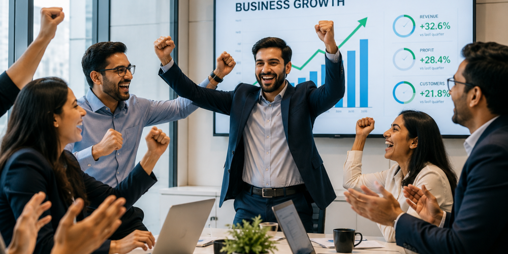 Business Analytics team celebrating strong revenue growth and performance results in a modern office meeting room at Venster School of Excellence.
