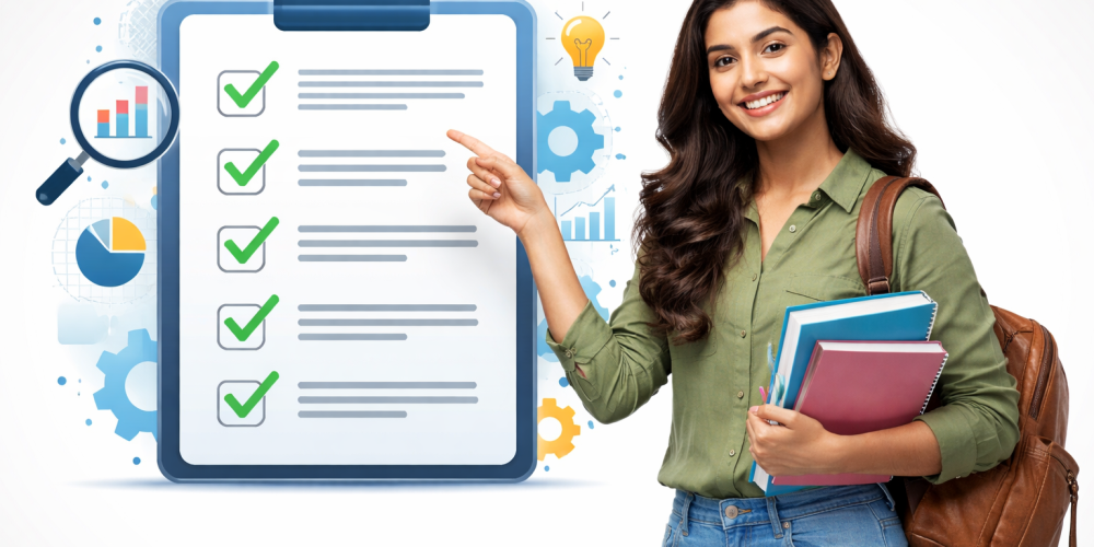 A student holding a checklist for choosing the best data analytics training institute in Coimbatore.