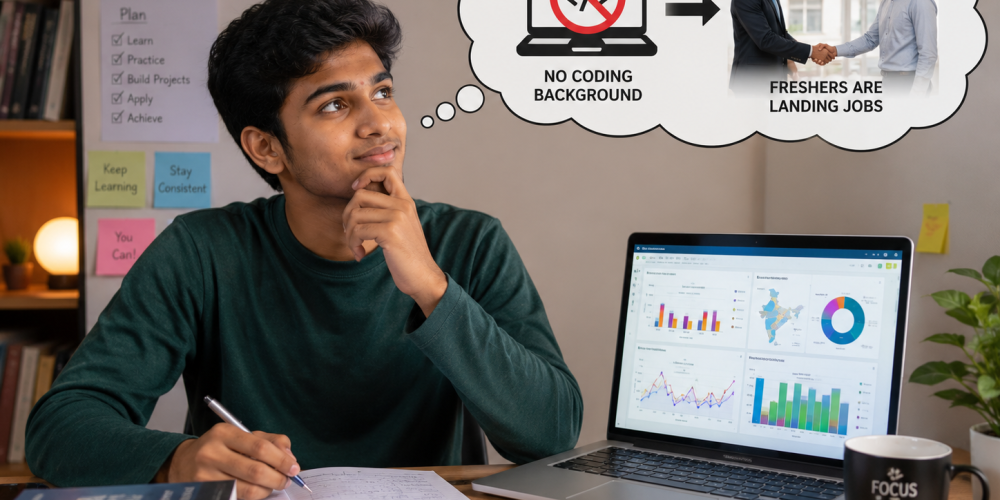 South Indian beginner learning data analytics on a laptop with dashboard charts, imagining career success in data analytics at Venster School of Excellence