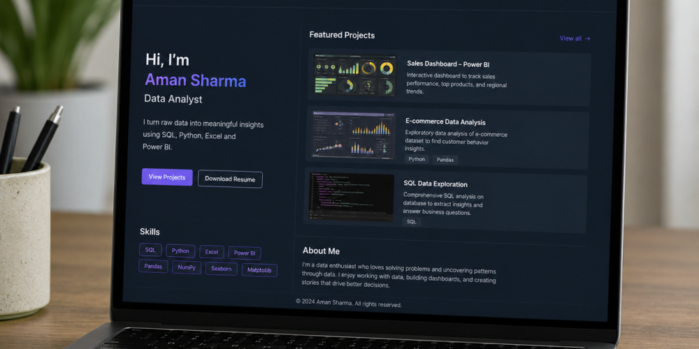 Data Analytics Portfolio displayed on a modern laptop screen featuring dashboards, SQL, Python, Excel, and Power BI projects by Venster School of Excellence.