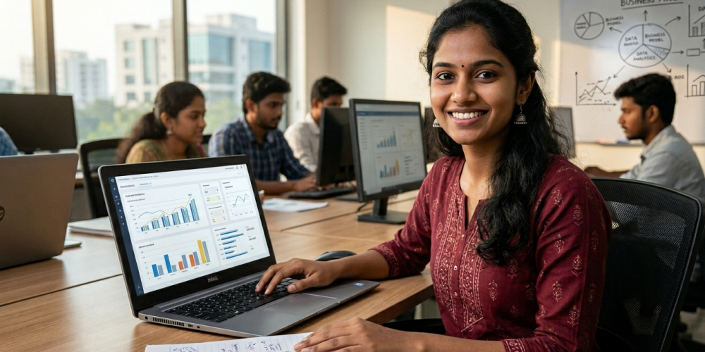 A professional and student attending a Data Analytics Training in Coimbatore at Venster School with data dashboards displayed on a large screen