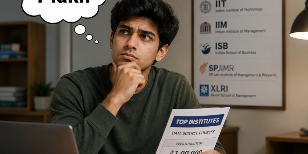 Student thinking about paying ₹1 lakh for expensive courses while exploring affordable Data Analytics Training at Venster School of Excellence.