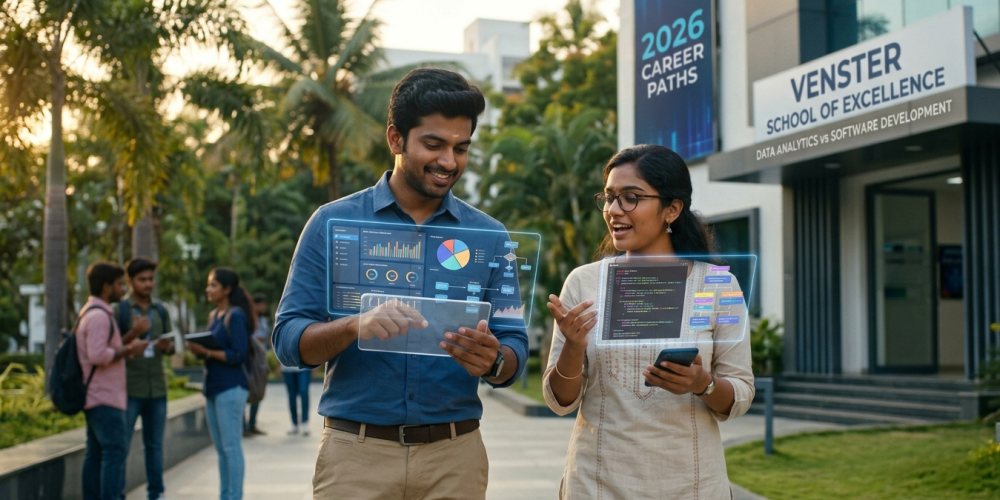 Two students at Venster School of Excellence in Coimbatore exploring data analytics and software development career paths using interactive digital displays.