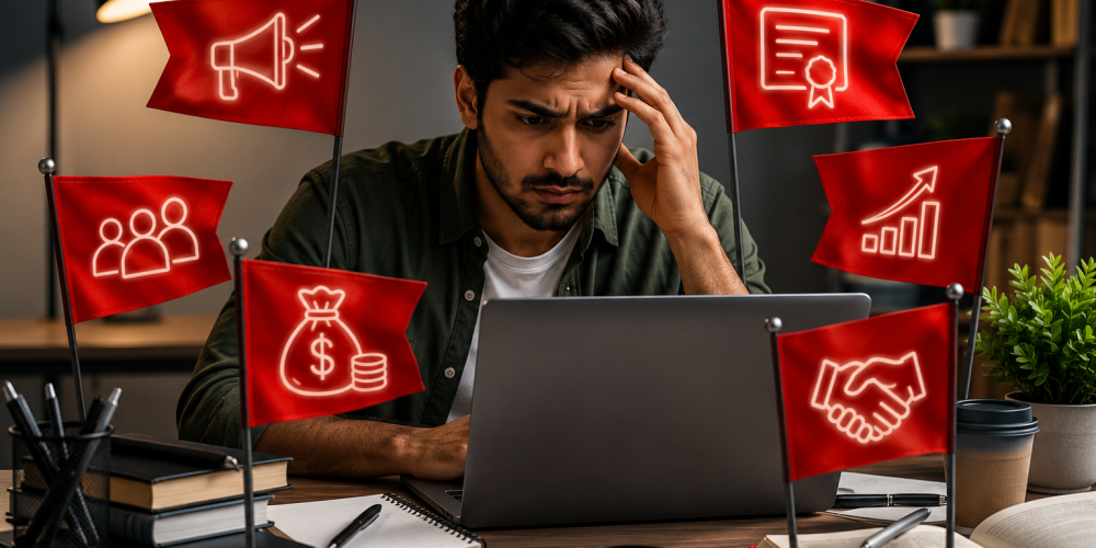 A student carefully evaluating warning signs before enrolling in a Data science course with placement, highlighting the importance of choosing a trusted institute like Venster School of Excellence.