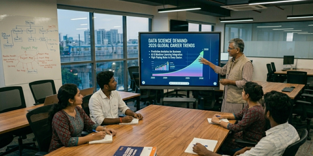 Students attending a data science course in Coimbatore at a modern training institute with laptops and charts on projector screens