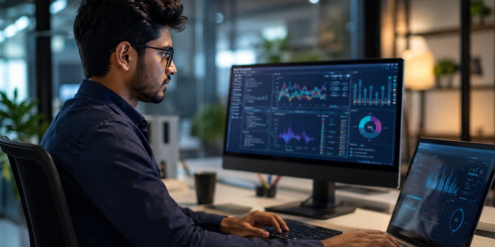 Professional learner applying skills from a data science course while analyzing business data dashboards at Venster School of Excellence