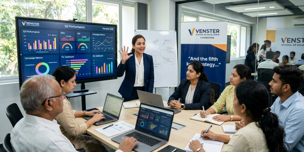 A female instructor at Venster School of Excellence in Coimbatore explaining Q3 performance metrics and data visualization strategies to a group of professionals.