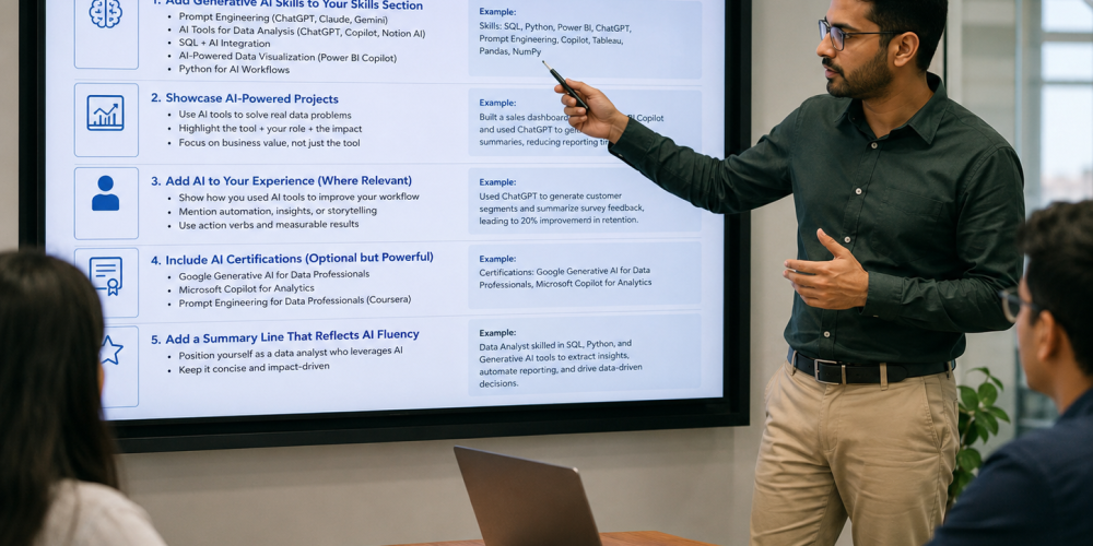 Mentor presenting examples of generative AI skills to add to a Data Analytics Resume on a large screen in a modern training room at Venster School of Excellence