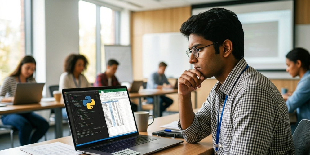 A student at Venster School of Excellence analyzing data using Python and Excel during a professional data science training session in Coimbatore.