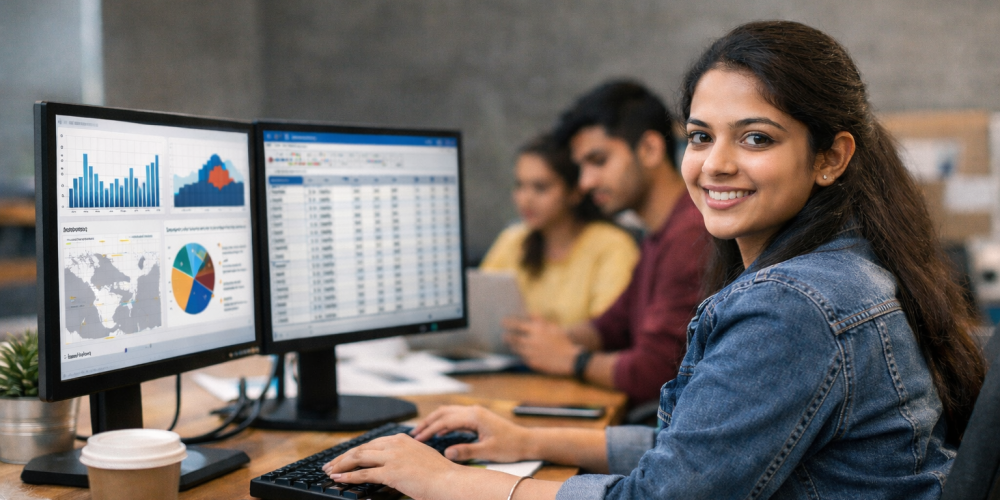 Students working on live data analytics projects in Coimbatore for hands-on experience